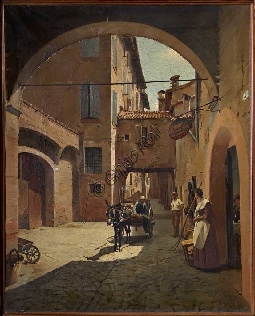 Painting Alley of the Ox by Raimondo Muratori depicting a corner of Old Modena, Assicoop-Unipol Collection