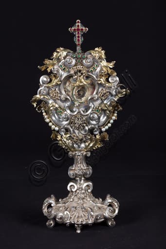 Detail of the Reliquary of the Virgin's Hair, gilded silver with gems, Treasury Museum of San Lorenzo Cathedral, Genoa