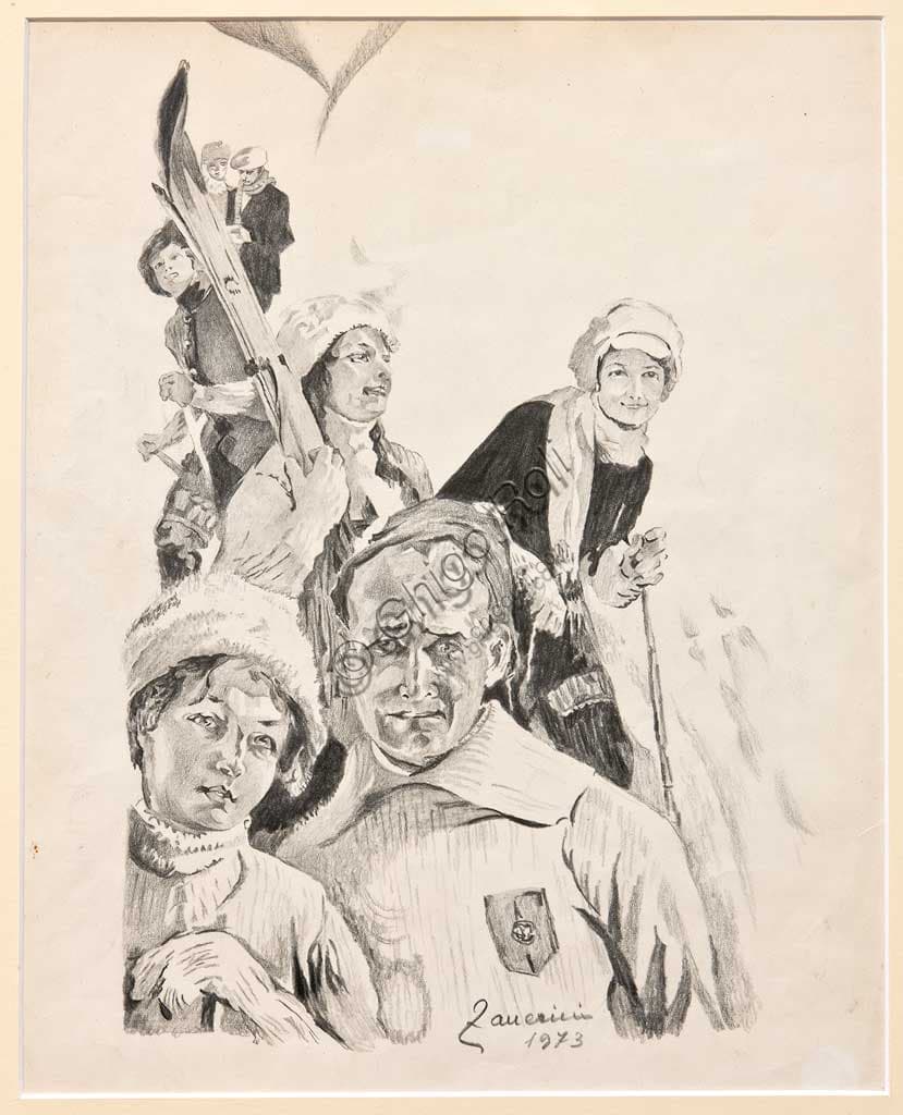 Pencil drawing Skiers by Remo Zanerini, from the Assicoop - Unipol Collection