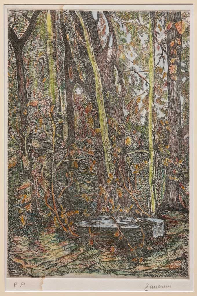 Hand colored lithograph In the Wood by Remo Zanerini, forest landscape art print