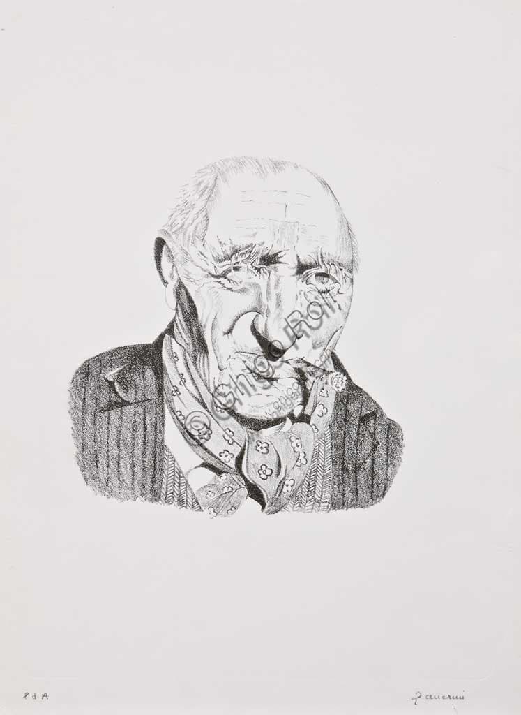 Lithograph Portrait of an Old Man with Cigar by Remo Zanerini, Assicoop Unipol Collection - Italian Art Print