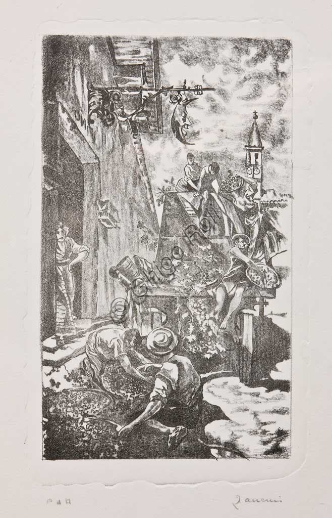'Grape Harvest' lithograph by Italian artist Remo Zanerini, Assicoop Unipol Collection