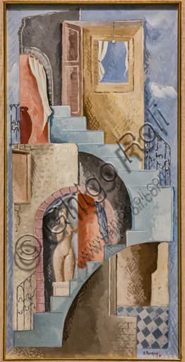 Opera 'Statua e scala' di Renato Paresce (1931), tecnica mista su cartoncino, Museo Novecento Firenze
