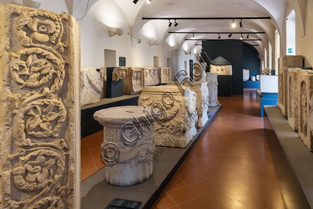 Display of ancient Roman archaeological finds in the Santa Giulia Museum room, Brescia UNESCO site