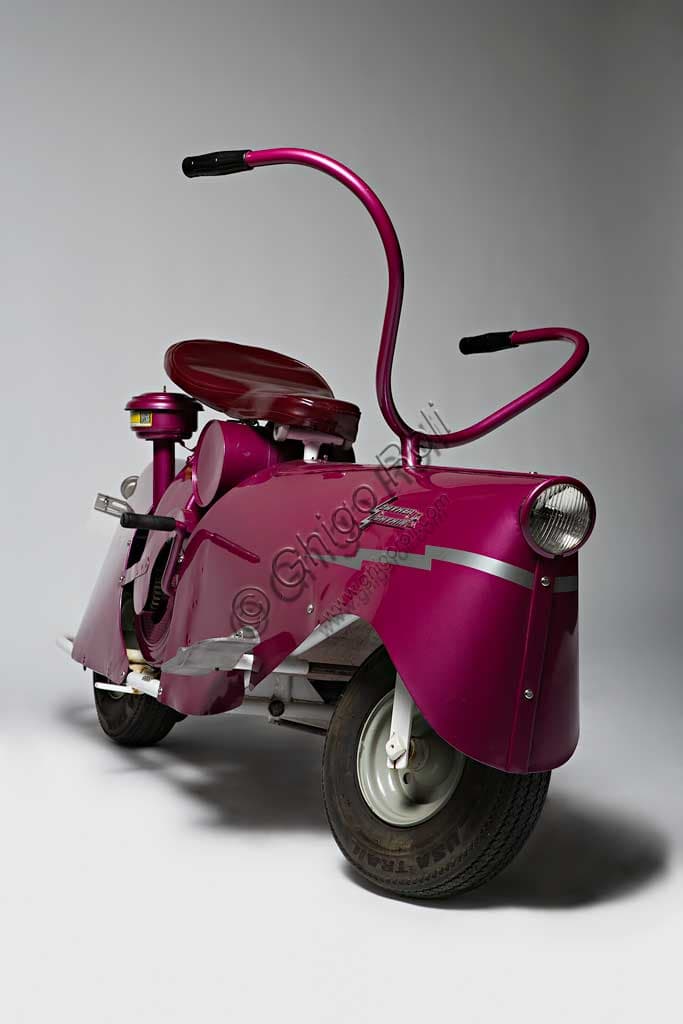 Photo of a restored 1949 Lowther Lightnin' vintage scooter with Briggs & Stratton engine, side view