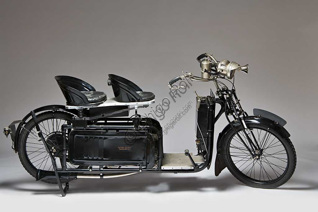Restored 1921 Reynolds Runabout vintage scooter, British model with under-seat engine and full body panels