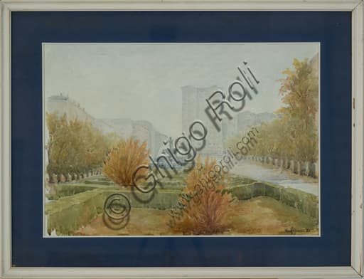 Watercolour painting Autumn in Garibaldi Square by Italian artist Rino Golinelli