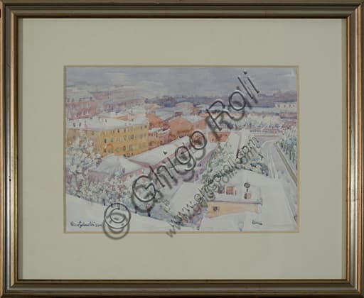 Watercolour painting Modena snow landscape by Rino Golinelli 1932