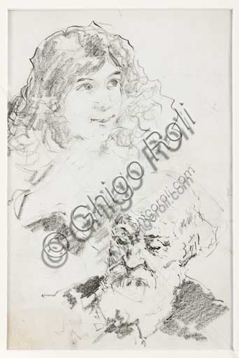 Portrait painting of a young girl and a bearded old man, oil on canvas from the Assicoop Unipol Art Collection