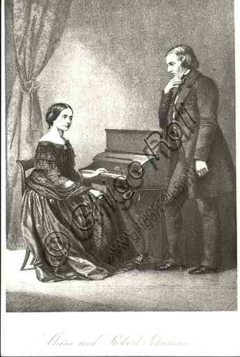 Incisione ritratto di Clara Wieck e Robert Schumann seduti al pianoforte, arte romantica tedesca