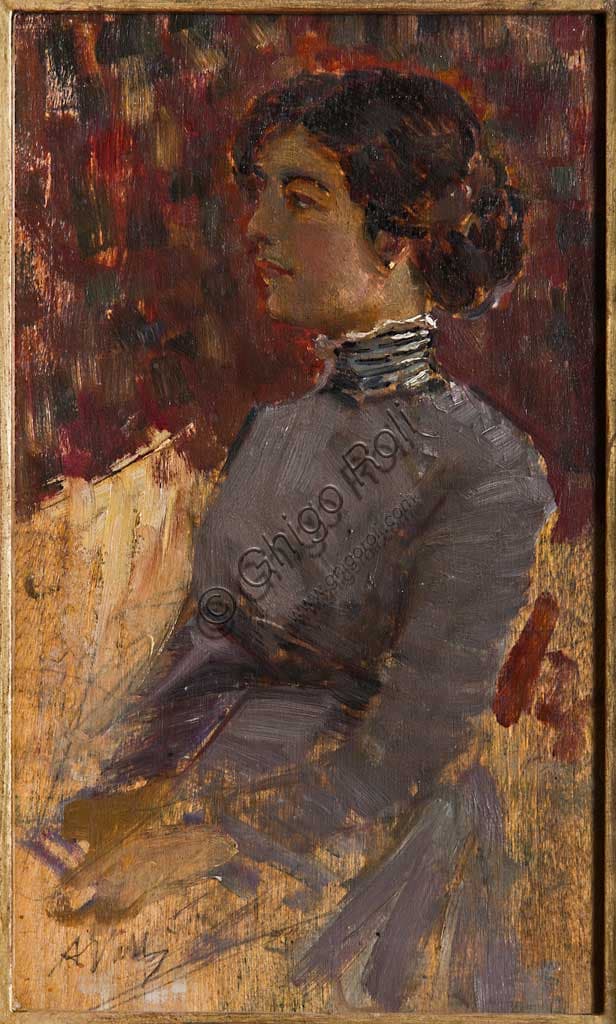 Ritratto di signora dipinto olio su tavola del pittore Augusto Valli, collezione Assicoop Unipol