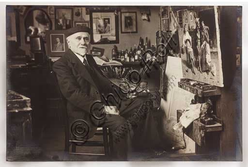 Black and white photographic portrait of Italian painter Eugenio Zampighi