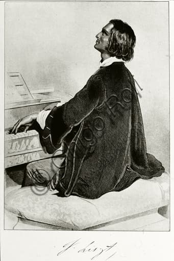 Ritratto incisione di Franz Liszt, compositore e pianista, dettaglio stampa ottocentesca