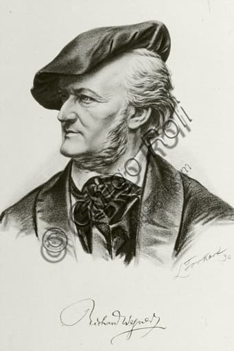 Ritratto litografico di Richard Wagner, dettaglio disegno a matita e carboncino