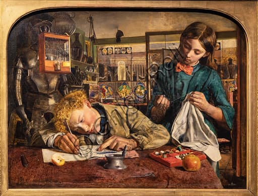Dipinto Kit's Writing Lesson di Robert Braithwaite Martineau, olio su tela 1852