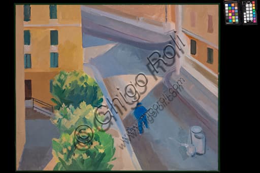 Dipinto Lo spazzino al Testaccio di Roberto Melli, olio su tela cm. 80x100, rappresentante uno spazzino al mercato Testaccio.