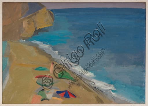 Dipinto Marina di Roberto Melli, olio su tavola 1945, paesaggio marino