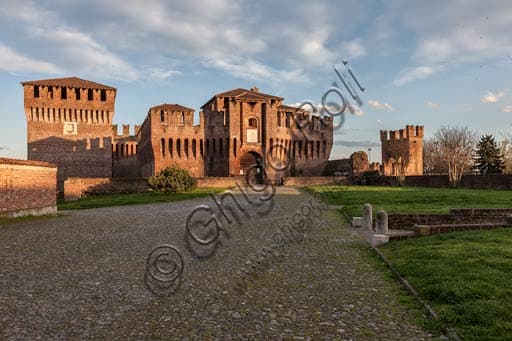 Aerial view of Soncino Castle, a medieval square-plan fortress with corner towers in Lombardy, Italy