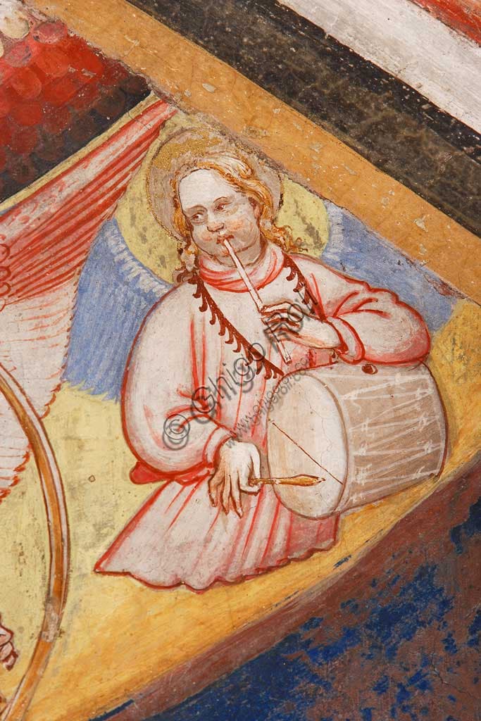 Detail from The Ascension of Christ fresco: angel playing a drum. Contrari Chapel, Vignola Stronghold. Master of Vignola, c. 1420.