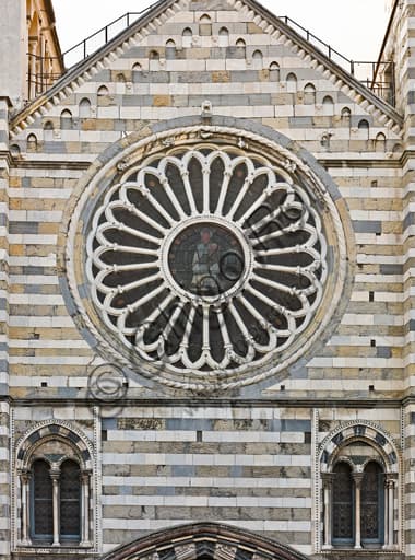 15th-century Gothic rose window on the west façade of St. Lawrence Cathedral, Genoa