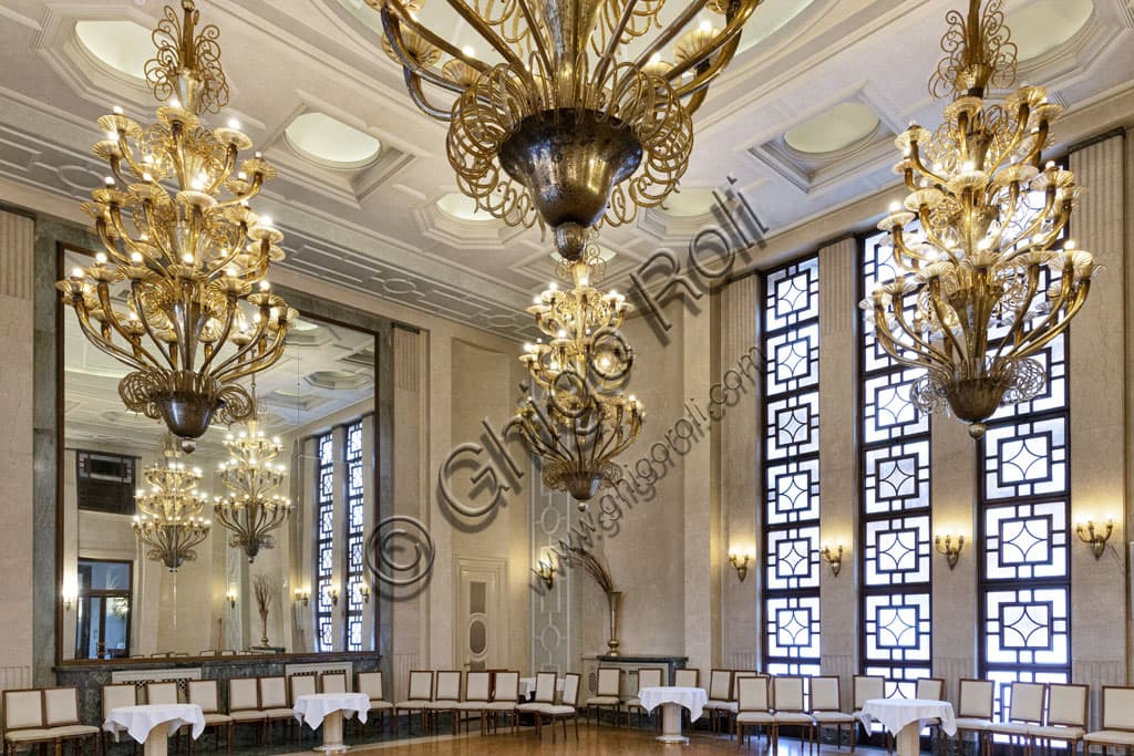 Interior view of the Hall of the Roses at Hotel Vittoria Brescia with Murano chandeliers and Botticino marble