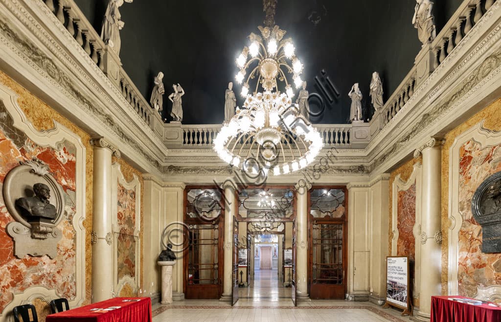Interior view of the Hall of the Statues with Ionic columns at Teatro Grande Brescia