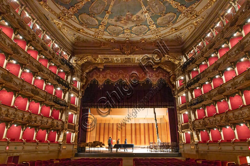 Interior view of the Sala Grande hall and stage at Teatro Grande in Brescia, neoclassical architecture