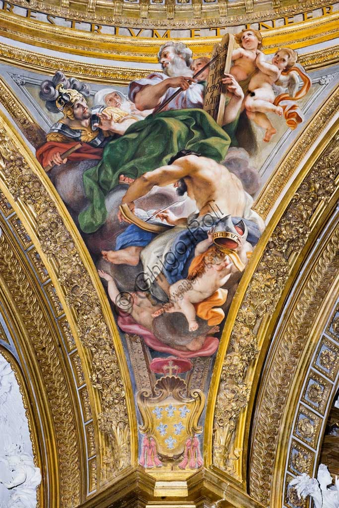 Detail of the St. Matthew fresco by Baciccia in the pendentive of the dome, Church of the Gesù, Rome