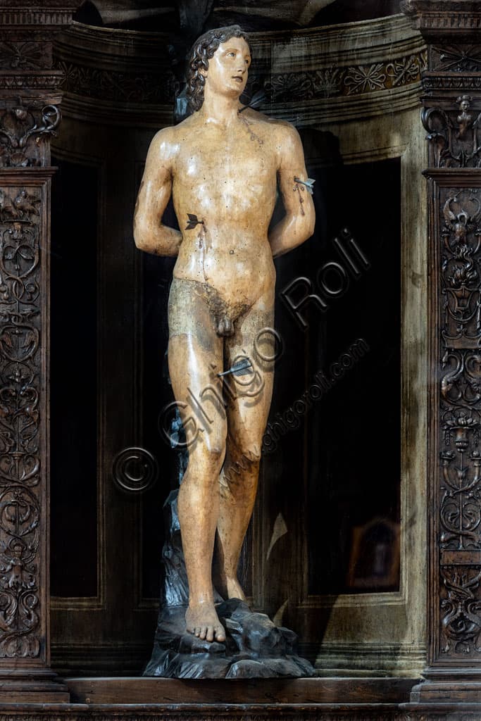 Wooden statue of Saint Sebastian by Leonardo del Tasso in the Church of St. Ambrose, Florence, Renaissance art