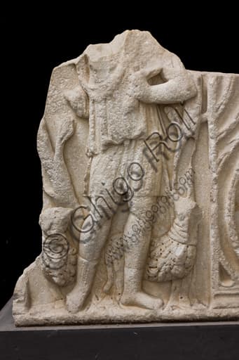 Detail of man's figure on Roman sarcophagus, Museum of Ligurian Archaeology Genoa, Villa Durazzo Pallavicini