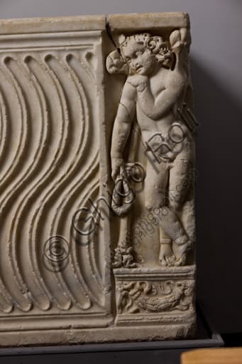 Detail of Roman sarcophagus with putto, Museum of Ligurian Archaeology Genoa Italy