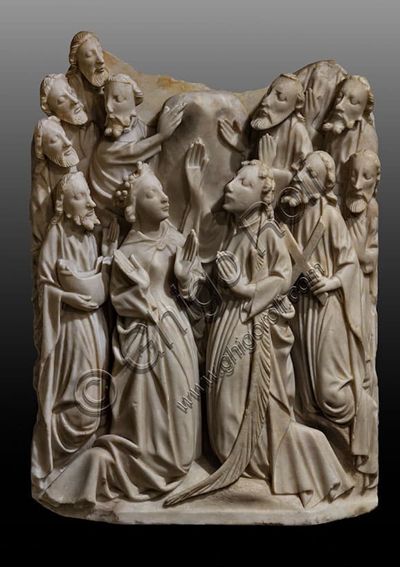 Scultura in alabastro raffigurante l'Ascensione, arte inglese del XV secolo, dettaglio della lavorazione