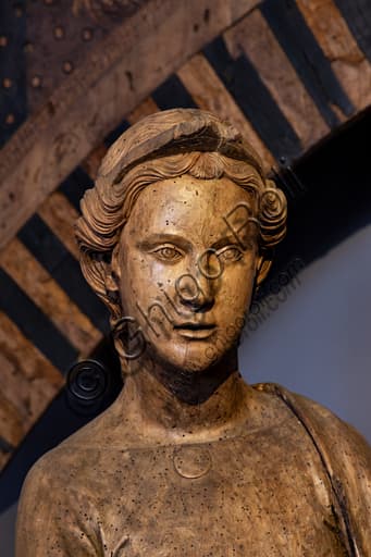 Wooden sculpture of the archangel Gabriel, detail from the Annunciation by Terzo Maestro d'Orvieto at MODO