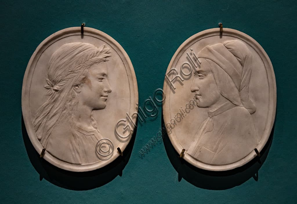 Scultura in marmo di Dante Alighieri e Beatrice, opera toscana del XIX secolo