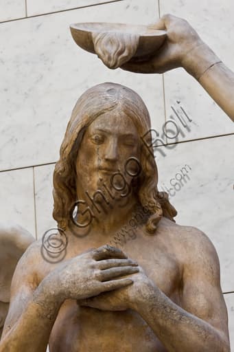 Marble sculpture of the Baptism of Christ, detail of Christ and St. John the Baptist's hand, Museum of the Opera del Duomo Florence