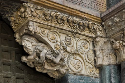 Medieval corbel sculpture Genoa Cathedral - Jacob blessing Ephraim and Manasseh with angels, Master of the Ark of the Baptist