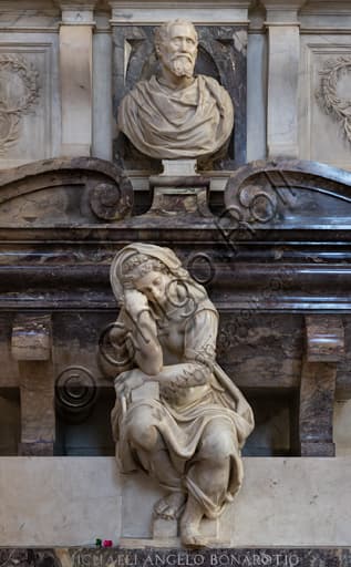 Personification of Sculpture by Valerio Cioli and portrait bust of Michelangelo Buonarroti by Battista Lorenzi, Michelangelo's Sepulchre, Basilica of Santa Croce, Florence.