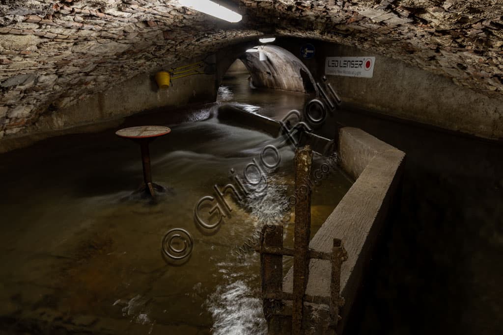 Inside the Serraglio underground in Brescia showing traces of historic waterways