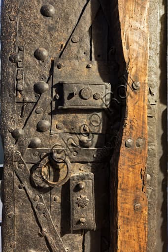 Detail of the historic lock on the door of the Stolen Bucket Room, Ghirlandina Tower, Modena