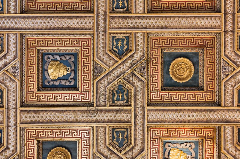 Detail of the coffered ceiling with lacunars in the Hall of the Horses, Palazzo Te, Mantua, Italy