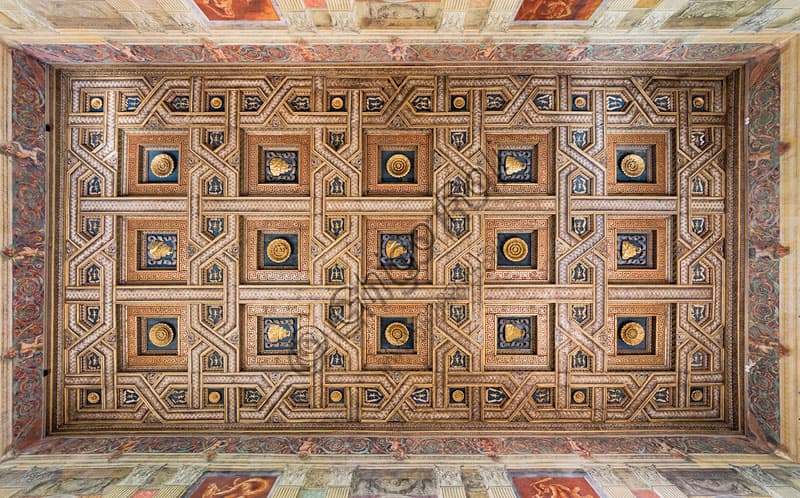 Coffered ceiling Hall of the Horses Palazzo Te Mantua, detail of lacunars and Gonzaga devices