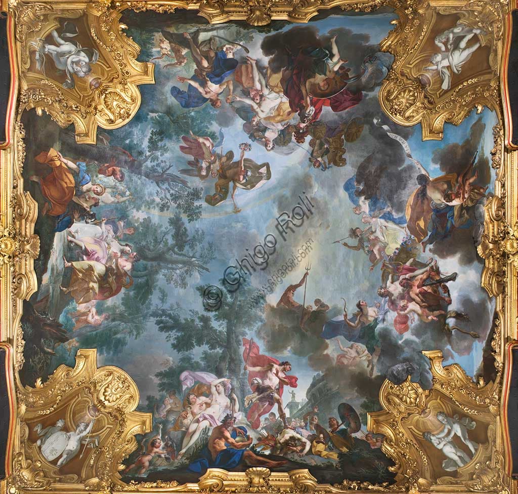 Ceiling fresco 'The dispute of the three goddesses and the judgment of Paris' by Claudio Francesco Beaumont in the Chinese Cabinet of the Royal Palace Turin