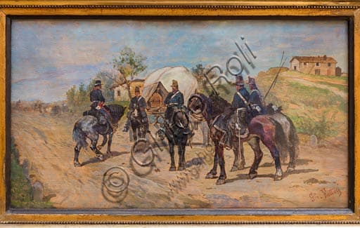 The painting Cavalry Stop by Giovanni Fattori, oil on panel, exhibited at the Ricci Oddi Gallery in Piacenza