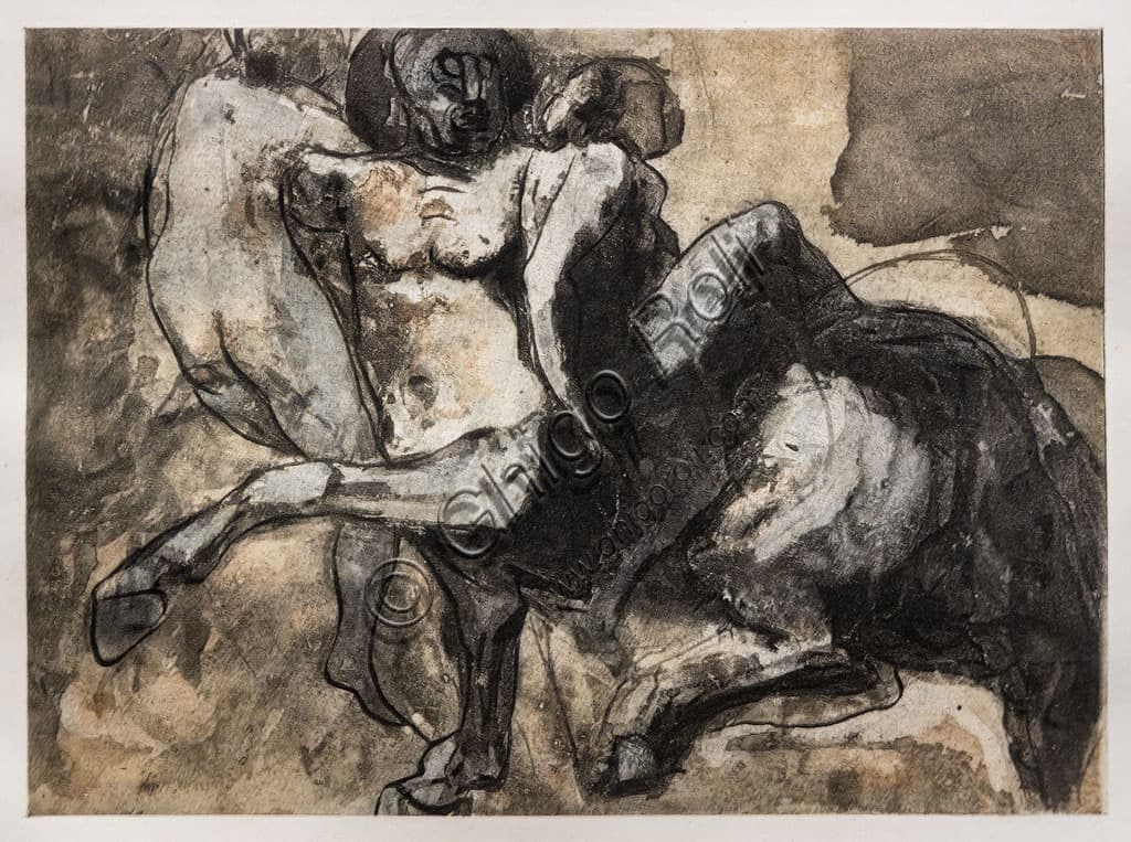 Stampa Centauro rapisce due donne di Auguste Rodin, fotoincisione Album Fenaille 1897