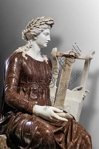 Statue of Goddess Rome restored as Apollo with lyre, porphyry and marble sculpture, National Archaeological Museum Naples