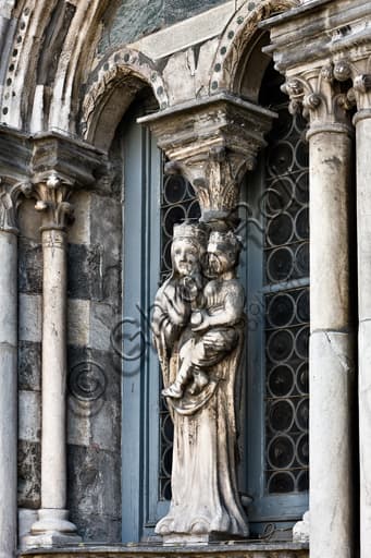 Romanesque statue of Madonna and Child, left tower of Genoa Cathedral
