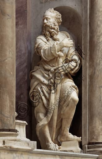 Particolare della statua di San Paolo, scultura rinascimentale di Della Porta, Cappella Cybo, Duomo di Genova