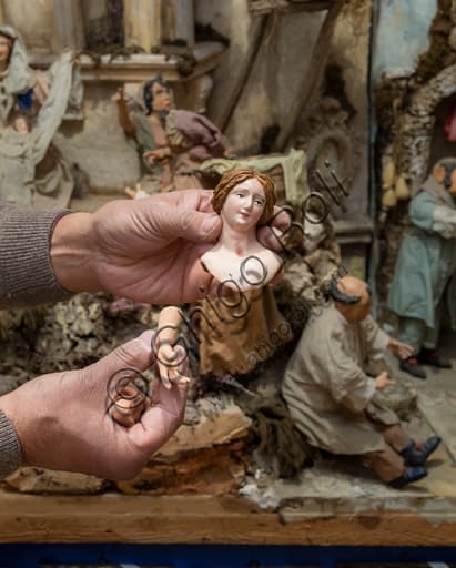 Detail of a terracotta statuette from a Sicilian Nativity scene by Ivano Vecchio, on display in Assisi, Umbria, Italy