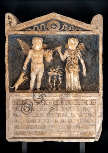 Roman marble stele sculpture depicting Cupid and Psyche, archaeological collection of Trinci Palace in Foligno