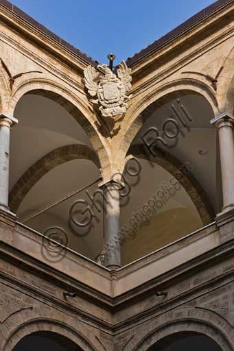 Borbone emblem with eagle, sculptural detail in the Maqueda Courtyard of Palazzo dei Normanni in Palermo